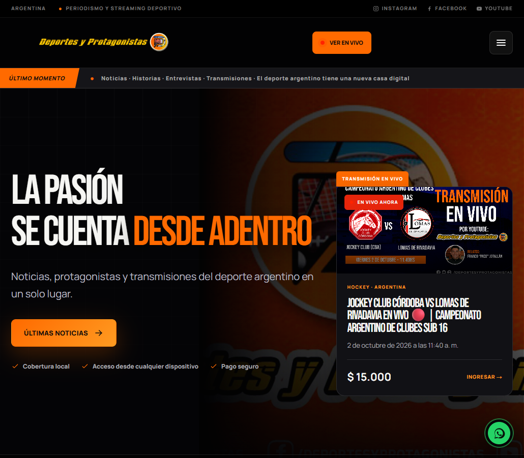 Captura del sitio Deportes y Protagonistas, con noticias y transmisiones deportivas